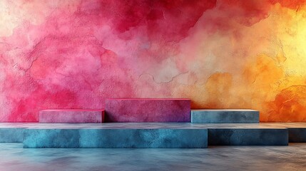 Abstract colorful background with three concrete platforms, perfect for product display.