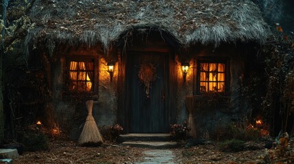 Wall Mural - Charming rustic cottage with warm lighting, surrounded by nature.