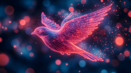 Poster - A vibrant, glowing bird in flight surrounded by colorful, dreamy bokeh lights.