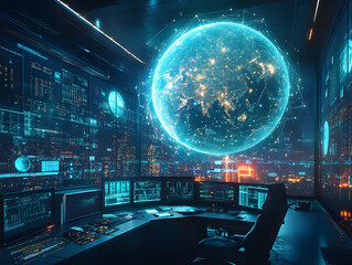 Poster - Futuristic control room with holographic globe and data screens, showcasing advanced technology.