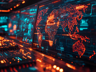 Poster - Futuristic interface featuring a glowing world map and data visualizations on screens.