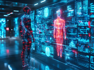 Poster - Futuristic humanoid figure interacting with holographic screens displaying digital data in a high-tech environment.