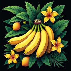 Wall Mural - A vibrant illustration of bananas surrounded by tropical leaves and flowers, perfect for food, health, or botanical design themes.