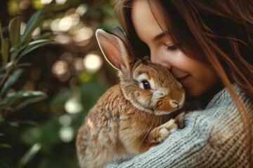 Wall Mural - A girl gently hugs a domestic rabbit in a lush green setting during daylight, showcasing a tender moment with nature