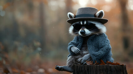 A stylish raccoon wearing sunglasses and a hat, relaxing on a log in a serene forest setting.