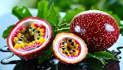 Tropical delight of halved passion fruit showcasing vibrant pulp and seeds, ideal for refreshing recipes and nutritious snacking