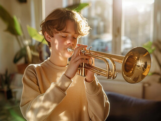 Sticker - A young boy is playing a trumpet in a living room. The room is filled with plants and a couch