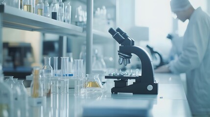 Poster - a microscope and laboratory equipment in a sterile research environment