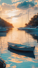 Wall Mural - golden sunset over calm harbor with rowboat and sailboats