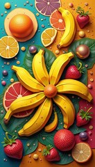 Wall Mural - Vibrant and colorful fruit arrangement featuring bananas, strawberries, and oranges, perfect for food marketing, packaging, or healthy lifestyle promotions.