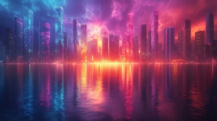 Wall Mural - Neon City Skyline Reflection