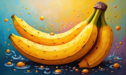 Wall Mural - Bright and vibrant illustration of bananas with dynamic splashes, perfect for food-themed visuals, marketing, or health promotions.