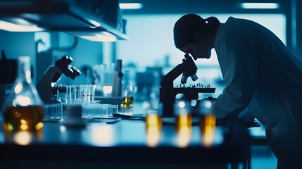 Poster - Scientist examining a sample under a microscope in a laboratory