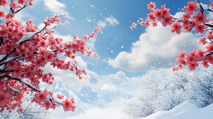 Wall Mural - A breathtaking depiction of plum blossoms in full bloom, showcasing vibrant red petals against a serene snow background. The scene is complemented by a clear blue sky and fluffy white clouds