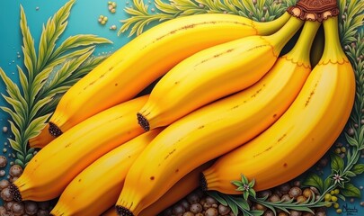 Wall Mural - Vibrant illustration of ripe bananas surrounded by lush foliage, perfect for food-related projects, marketing, or health and wellness themes.