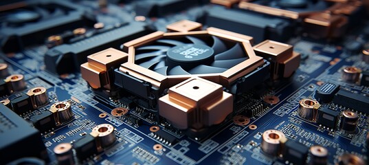 Poster - Detailed view of a computer cooling system on a motherboard showcasing intricate design features