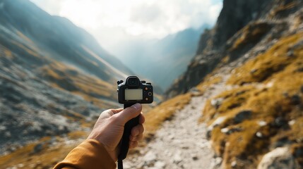 Hiker Recording with Action Camera on Mountain Path