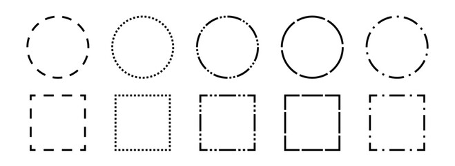 Aufkleber - Black dashed frames collection. Dashed outline circle and square borders set. Outline cut out element design bundle for poster, banner, flyer. Geometric dotted rectangular and round shape pack. Vector