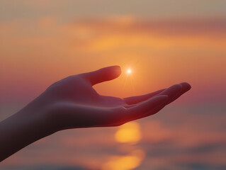 A hand reaching out towards the setting sun, symbolizing hope and connection with nature.