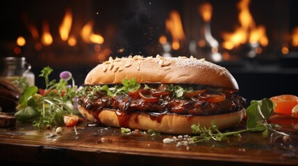 Sticker - fresh prime chick patty angus or wagyu beef burger sandwich with flying ingredients and spices hot  