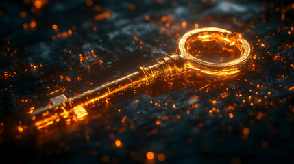 Poster - A glowing golden key resting on a digital surface, symbolizing security and access.