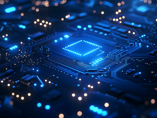 Poster - Close-up view of a blue glowing circuit board showcasing electronic components and intricate patterns.