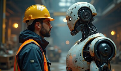 A human worker in safety gear engages with a humanoid robot in an industrial setting, symbolizing the future of automation and collaboration in the workplace.