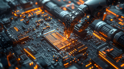 Poster - A robotic hand interacts with a high-tech circuit board, showcasing advanced technology and innovation.