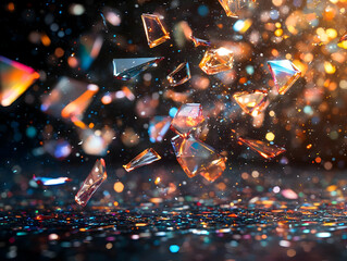 Poster - Colorful fragments of glass suspended in the air, sparkling against a dark, blurred background.