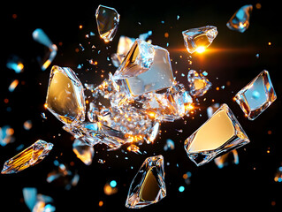 Poster - Exploding crystal shards with light reflections on a dark background, creating an enticing visual effect.