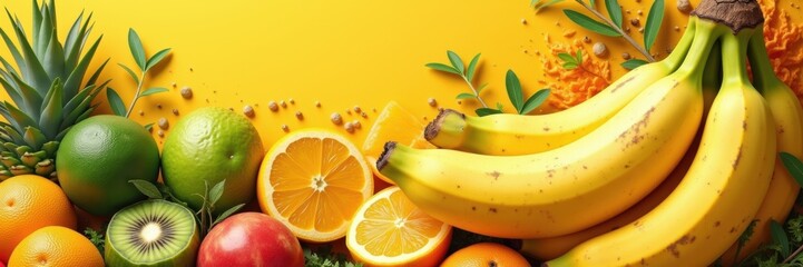 Wall Mural - Bright and vibrant image showcasing an assortment of fresh fruits, including bananas, oranges, kiwi, and more, perfect for marketing, health, and food-related projects.