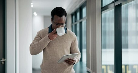 Poster - Tablet, coffee break and businessman in office walking, thinking and research idea for project. Online, professional and African male manager with digital tech in the workplace, hallway and search