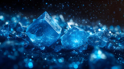 Poster - Stunning close-up of blue crystal formations sparkling with light on a dark background.