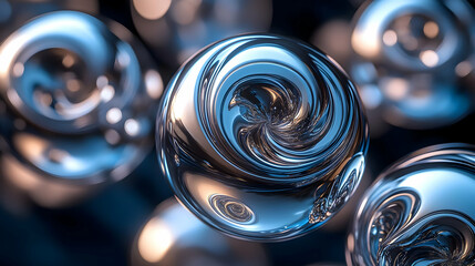 Poster - Abstract swirling spheres with shiny metallic surfaces against a blurred background.
