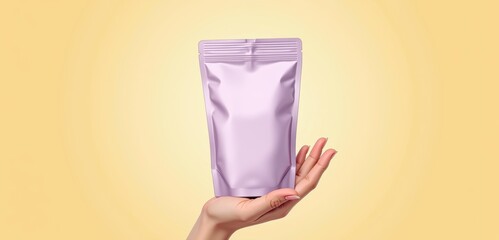 A hand holding a sleek purple packaging pouch against a soft yellow background, ideal for showcasing product branding in cosmetics, snacks, or health supplements.