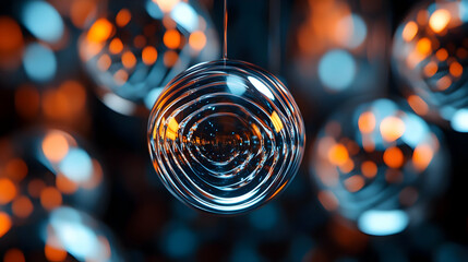 Poster - Abstract glass sphere with concentric patterns, illuminated by colorful lights, creating a mesmerizing visual effect.
