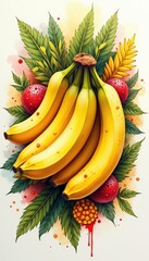 Wall Mural - A vibrant illustration of bananas surrounded by colorful fruits and lush green leaves, perfect for fresh produce, healthy eating, or culinary themes.