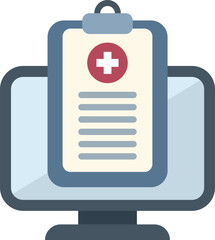 Poster - medical report with a red cross is displayed on a computer screen