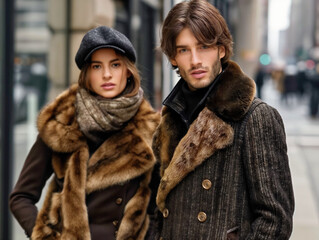 Poster - A man and a woman are posing for a photo in front of a building. The man is wearing a fur coat and the woman is wearing a scarf. Scene is warm and inviting