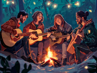 Sticker - A group of people are playing guitars around a fire. Scene is warm and inviting, as the group of friends are enjoying each other's company and the music