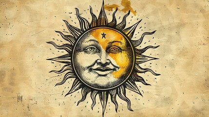 Wall Mural - Esoteric Smiling Sun: A Vintage Artistic Illustration