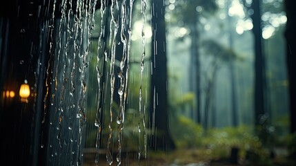 Canvas Print - Fresh shower behind wet glass window with water drops splashing. Water running from shower head and faucet in modern bathroom 