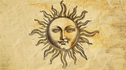 Wall Mural - Esoteric Smiling Sun: A Vintage Artistic Illustration