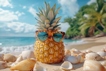 Pineapple wearing sunglasses on a tropical beach with seashells.