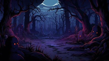 Wall Mural - A Dark and Eerie Forest with Glowing Eyes and Graves