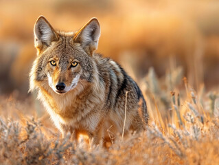 Canvas Print - A coyote is standing in a field of tall grass. The sun is shining brightly, casting a warm glow on the scene. The coyote appears to be looking directly at the camera, creating a sense of curiosity