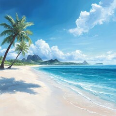 Scenic tropical beach with palms and clear blue water under a sunny sky.