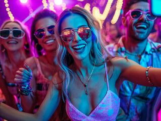 Sticker - A group of people are dancing and smiling at a party. The woman in the center is wearing sunglasses and a pink top