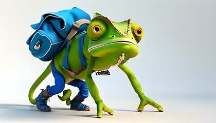 Adventurous green chameleon cartoon character walking on two legs with a blue backpack, pants, and boots against a clean white backdrop