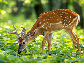 Wall Mural - A deer is eating grass in a green field. The deer is brown and white with white spots